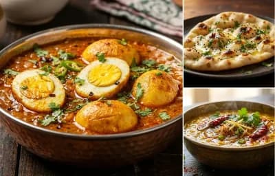 Amritsari Egg Curry with Naan and Dal Tadka