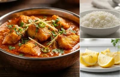 Amritsari Fish Curry with Steamed Basmati Rice and Lemon Wedges