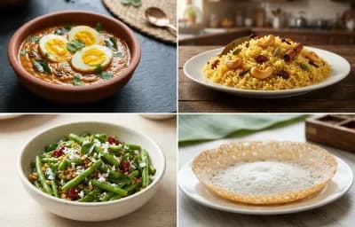 Anda Ambat with Bengali Mishti Pulao, Beans Upkari and Kerala Appam