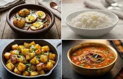 Andhra Guddu Pulusu with Steamed Basmati Rice, Aloo Fry and Tomato Charu