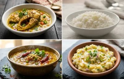 Assamese Mustard Fish Curry with Steamed Basmati Rice, Dal Tadka and Aloo Pitika