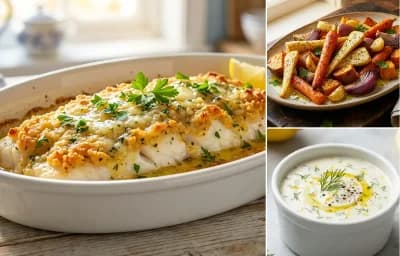 Baked Haddock with Roasted Root Vegetables and Lemon-Dill Sauce