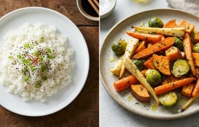 Baked Salmon With Quinoa And Broccoli with Steamed White Rice and Roasted Veg