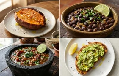 Baked Sweet Potato with Savory Black Beans, Restaurant-Style Salsa and Avocado Toast