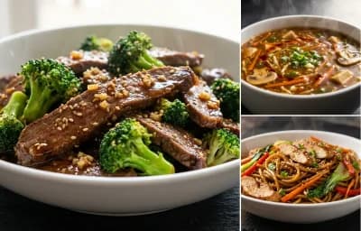 Beef and Broccoli Stir-Fry with Hot and Sour Soup and Chicken Lo Mein