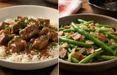 Beef Tips and Rice with Sauteed Green Beans with Bacon