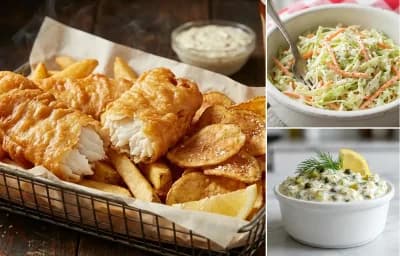 Beer Battered Fish and Chips with Coleslaw and Eggless Tartar Sauce