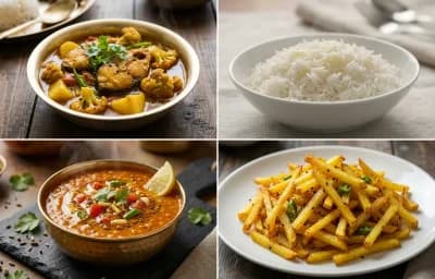 Bengali Fish Curry with Steamed Basmati Rice, Masoor Dal Tadka and Aloo Bhaja