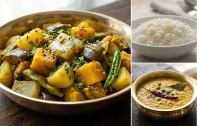 Bengali Labra with Steamed Basmati Rice and Bhaja Muger Dal