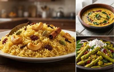 Bengali Mishti Pulao with Goan Uddamethi Curry and Drumstick Stir-Fry