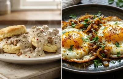 Biscuits and Sausage Gravy with Indian Fried Eggs