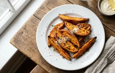 Vegan Black Bean Burger with Baked Sweet Potato Wedges and Kale Salad