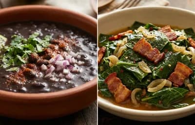 Black Bean Soup with Vegan Cornbread and Collard Greens