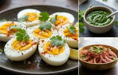 Boiled Egg with Coriander Mint Chutney and Onion Salad