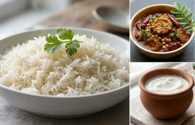 Boiled Rice with Hagalakayi Gojju and Curd