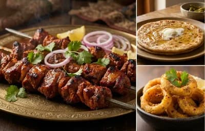 Boti Kebab with Paratha and Indian Onion Rings