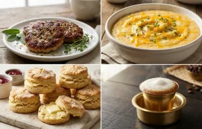 Breakfast Sausage Patties with Southern Grits, Buttermilk Biscuits and Filter Coffee