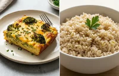 Broccoli Cheddar Egg Bake with Steamed Steamed White Rice and Arugula Pear Salad