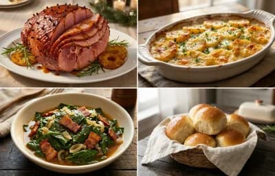 Brown Sugar Glazed Ham with Scalloped Potatoes, Collard Greens and Dinner Rolls