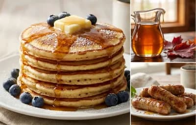Buttermilk Pancakes with Maple Syrup and Breakfast Sausage Links