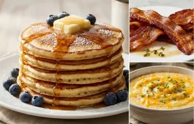 Buttermilk Pancakes with Pan-Fried Bacon and Southern Grits