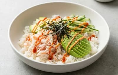 California Roll Bowl with Hard Boiled Eggs And Fruit
