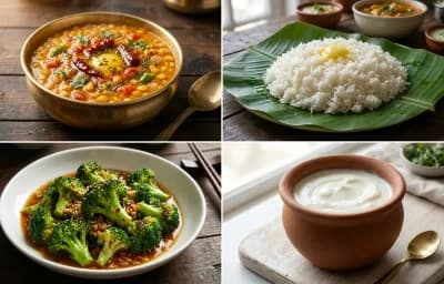 Chana Dal with Steamed White Rice with Stir-Fried Broccoli with Garlic Sauce with Curd