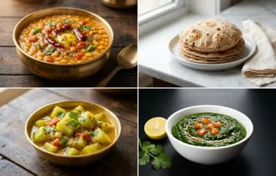 Chana Dal with Whole-Wheat Phulka with Lauki Sabzi with Palak with Lemon