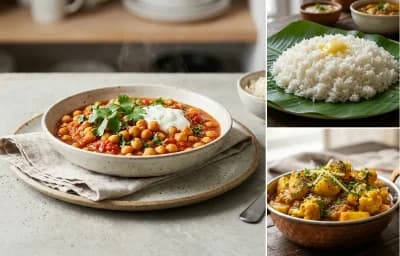 Chana Masala with Steamed White Rice with Aloo Gobi Sabzi with Chaas