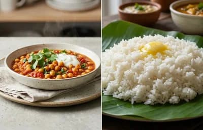 Chana Masala with Steamed White Rice with Palak Salad with Chaas
