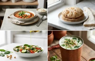 Chana Masala with Steamed White Rice with Whole-Wheat Phulka with Palak Salad with Chaas