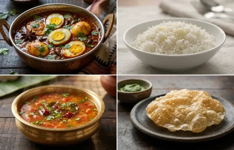 Chettinad Egg Masala, Steamed Basmati Rice, Tomato Rasam and Appalam