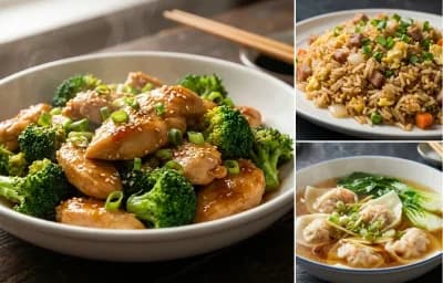 Chicken and Broccoli Stir-fry with Pork Fried Rice and Wonton Soup