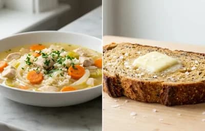 Chicken and Rice Soup with Whole Grain Bread with Butter
