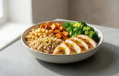 Chicken and White Rice Bowl with Cabbage and Lemon Olive Oil