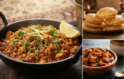 Chicken Bhurji with Puri and Mango Pickle