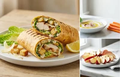 Chicken Caesar Wrap with Carrot Sticks and Hummus with Sliced Apple