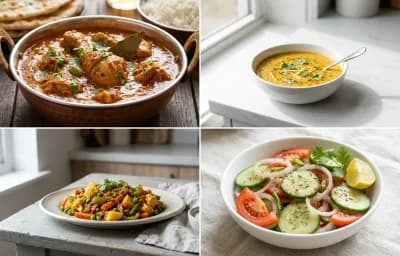 Chicken Curry with Steamed White Rice with Toor Dal with Mixed Vegetable Sabzi with Green Salad with Dahi