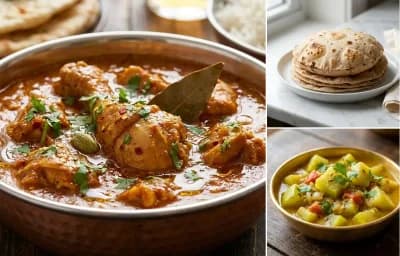 Chicken Curry with Steamed White Rice with Whole-Wheat Phulka with Lauki Sabzi