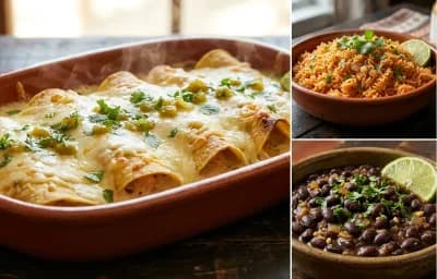 Chicken Enchiladas with Sour Cream Sauce with Spanish Rice and Savory Black Beans
