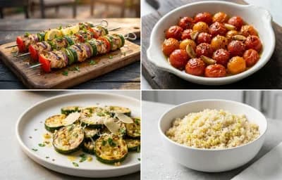 Chicken Kebabs with Roasted Cherry Tomatoes, Sauteed Garlic Parmesan Zucchini and Quinoa