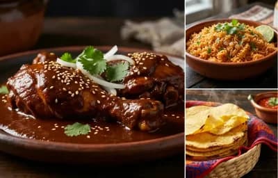 Chicken Mole Poblano with Spanish Rice and Corn Tortillas