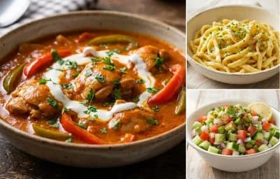 Chicken Paprikash with Egg Noodles and Kachumber