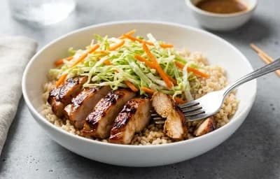 Chicken Rice Bowl with Cabbage Carrots and Tamari Ginger