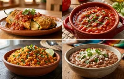 Chile Relleno with Tomato Sauce, Mexican Rice and Tex-Mex Refried Beans
