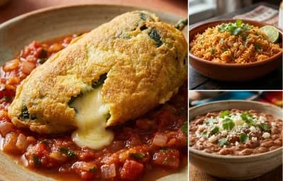 Chili Rellenos with Spanish Rice and Tex-Mex Refried Beans