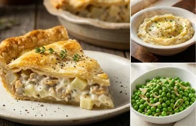 Clam Pie with Mashed Potatoes and Buttered Peas