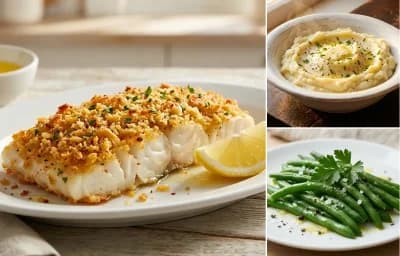 Cod with Cracker Topping with Mashed Potatoes and Steamed Green Beans