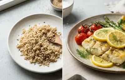 Cooked Steamed White Rice Half Cup with Black-Eyed Pea Curry, Tamil Lemon Rasam, Baked Cod With Lemon and Curd Rice Snack Bowl