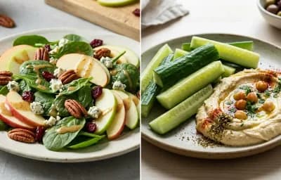 Cooked Quinoa Half Cup with Turkey Pasta, Spinach Apple Salad and Cucumber Sticks Hummus